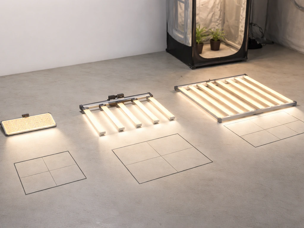 Three LED grow lights beside simple grow-footprint wire frames in an indoor grow setup.