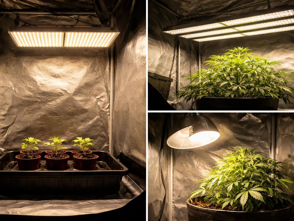 Split view of quantum board, bar LED, and PAR bulb lighting plants in a small grow tent.