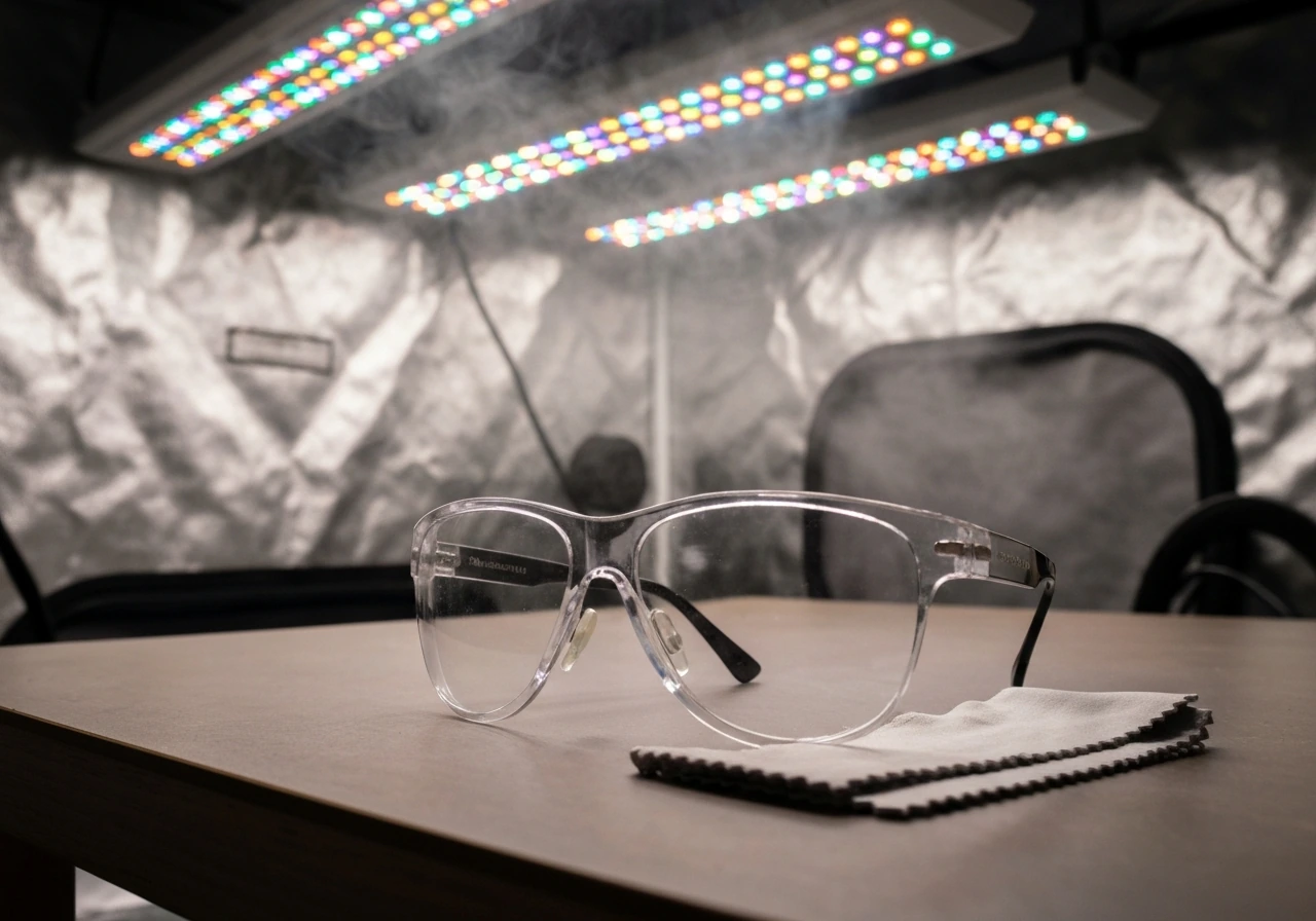 Close-up of generic safety glasses on a work surface beside a glowing full-spectrum LED grow tent.