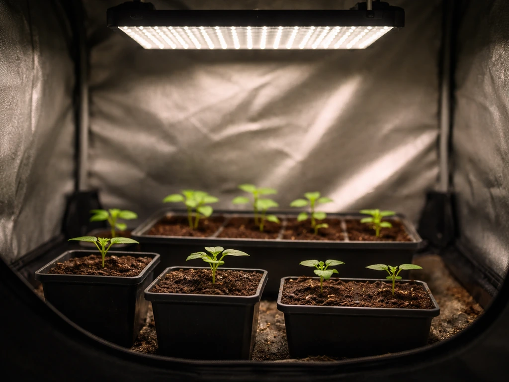 Seedlings in a small 2x2 grow tent under a dimmed LED light hanging at canopy level.